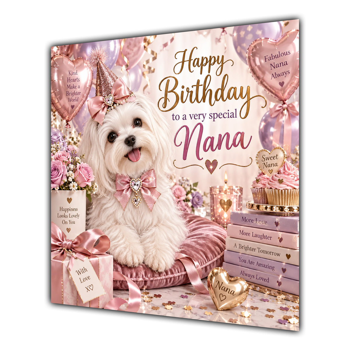 Nana Birthday Card Maltese Dog Pink Balloons