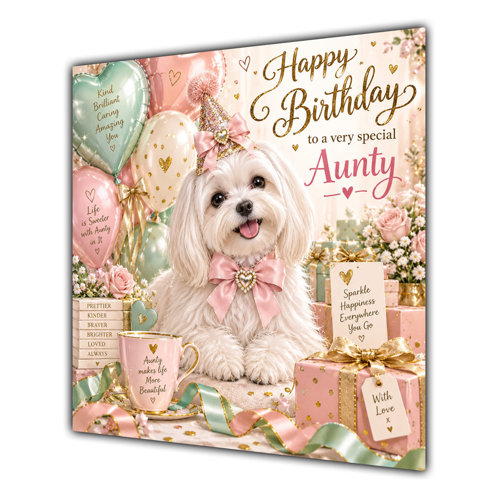 Aunty Birthday Card Maltese Dog Pink Balloons