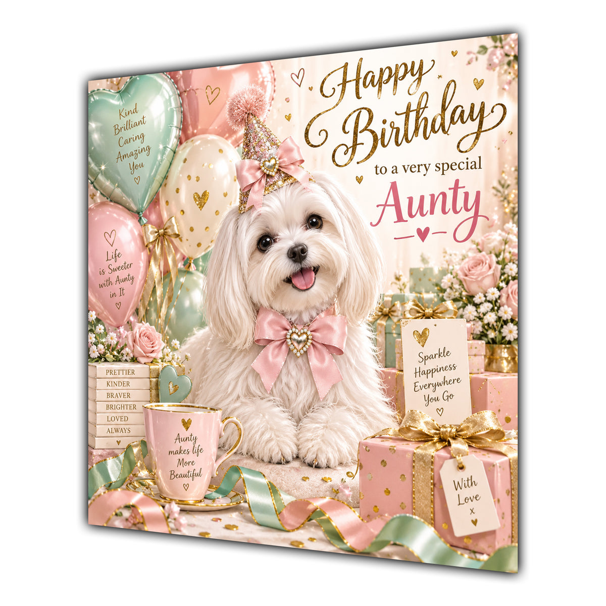 Aunty Birthday Card Maltese Dog Pink Balloons