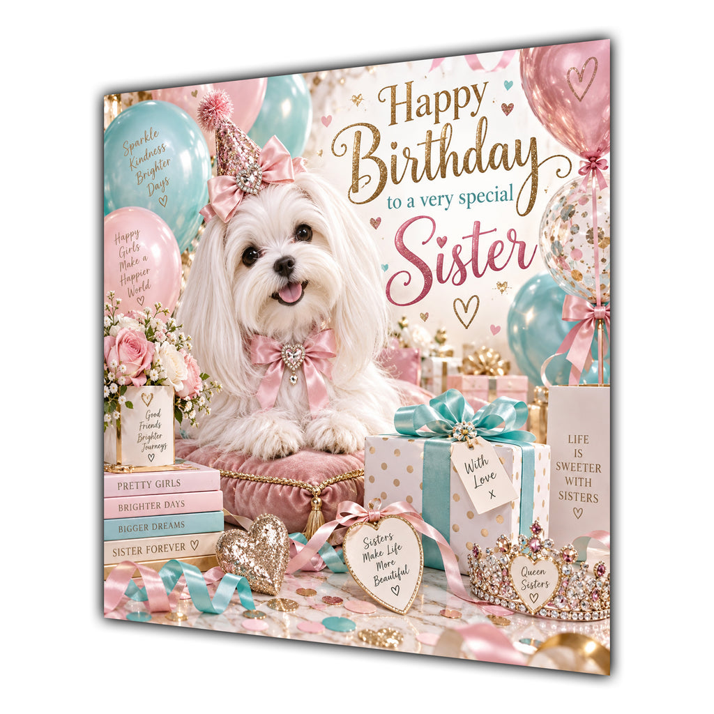 Sister Birthday Card Maltese Dog Pink Balloons