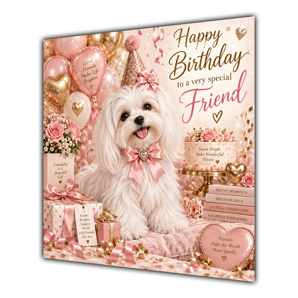 Friend Birthday Card Maltese Dog Pink Balloons