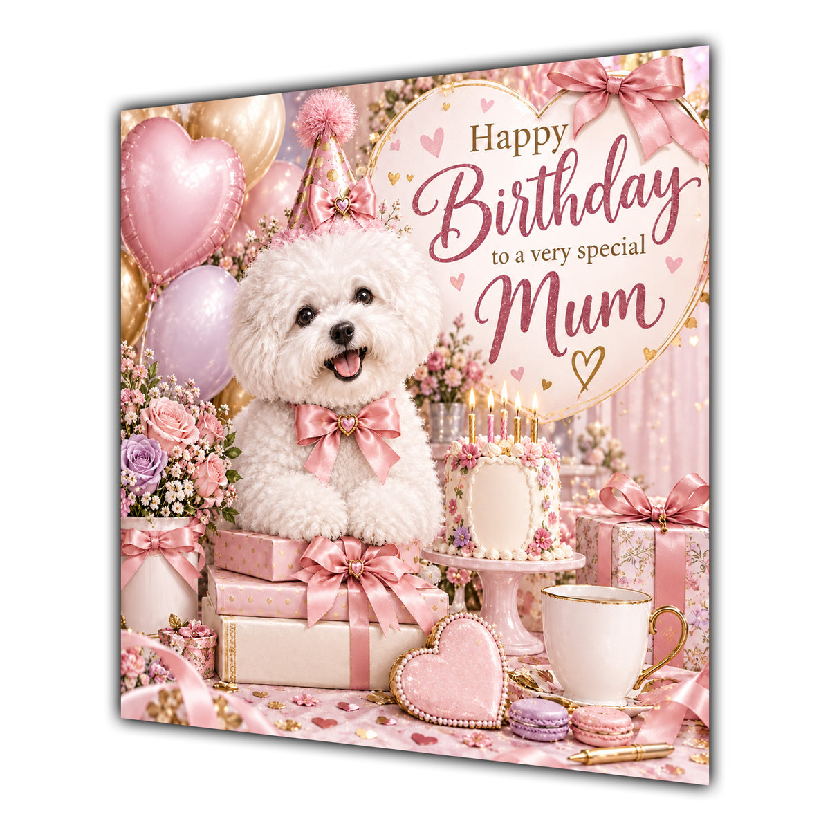 Mum Birthday Card Bichon Frise Dog Pink Balloons