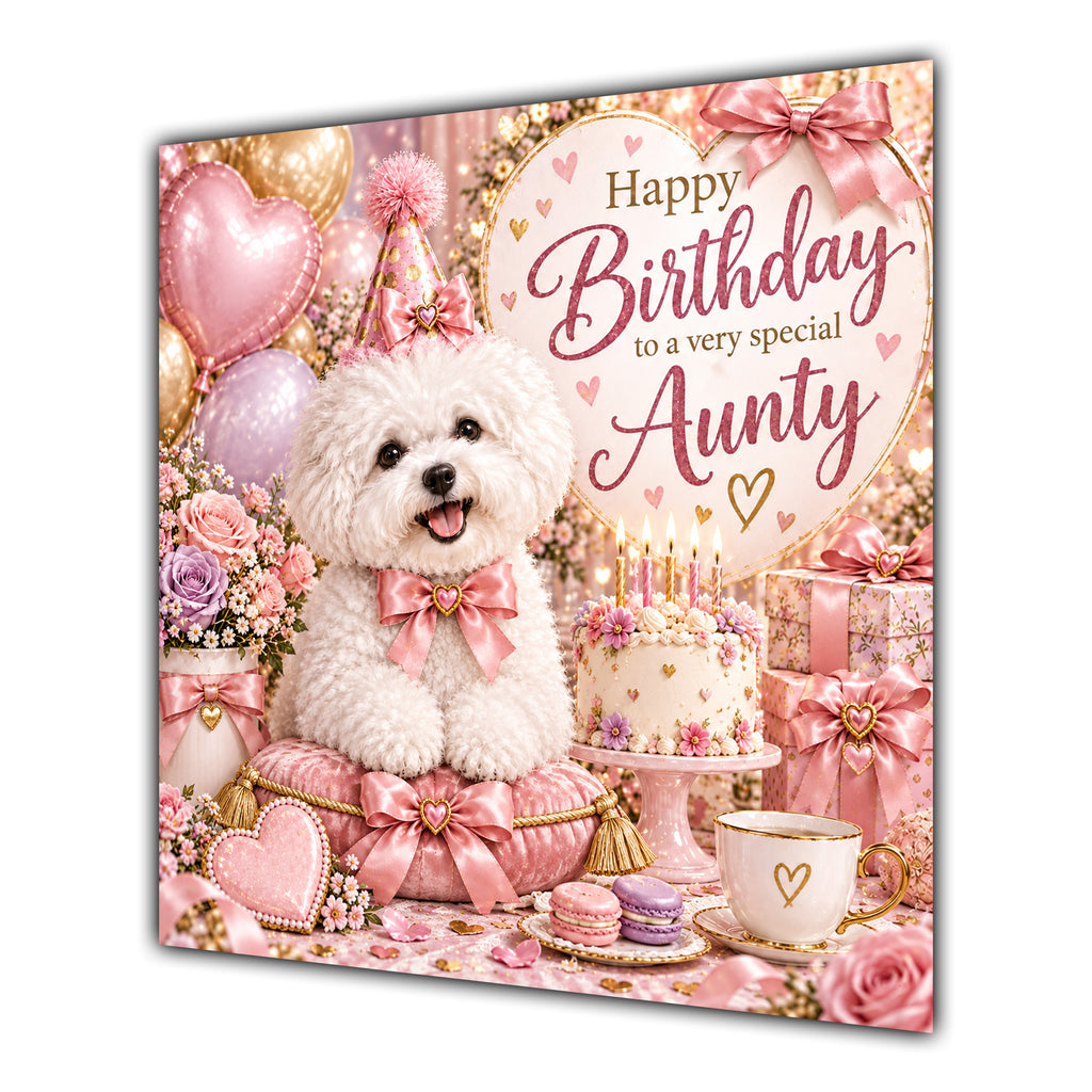 Aunty Birthday Card Bichon Frise Dog Pink Balloons