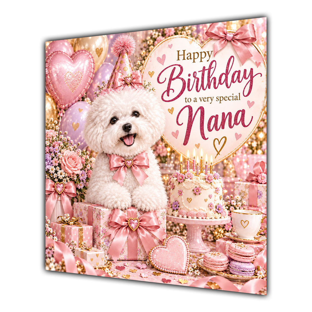 Nana Birthday Card Bichon Frise Dog Pink Balloons