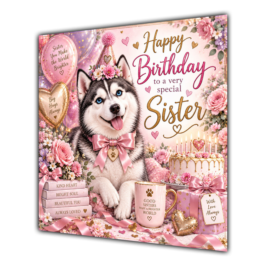 Sister Birthday Card Siberian Husky Dog Balloons