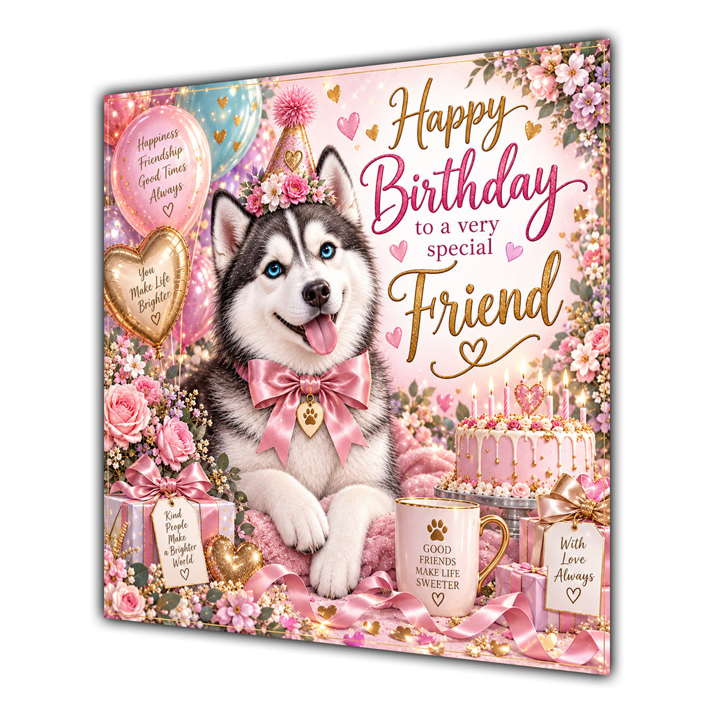 Friend Birthday Card Siberian Husky Dog Balloons