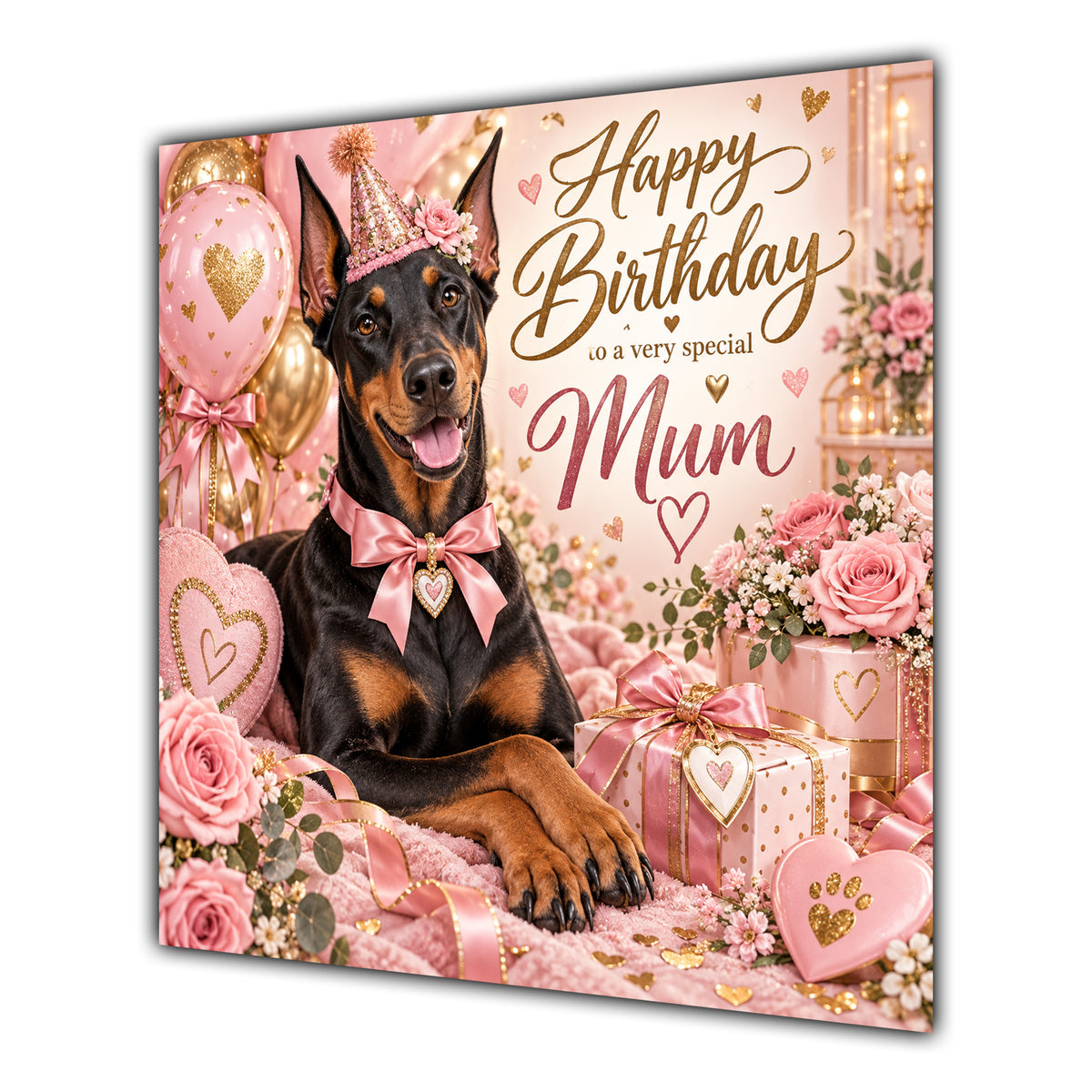 Mum Birthday Card Dobermann Dog Pink Balloons