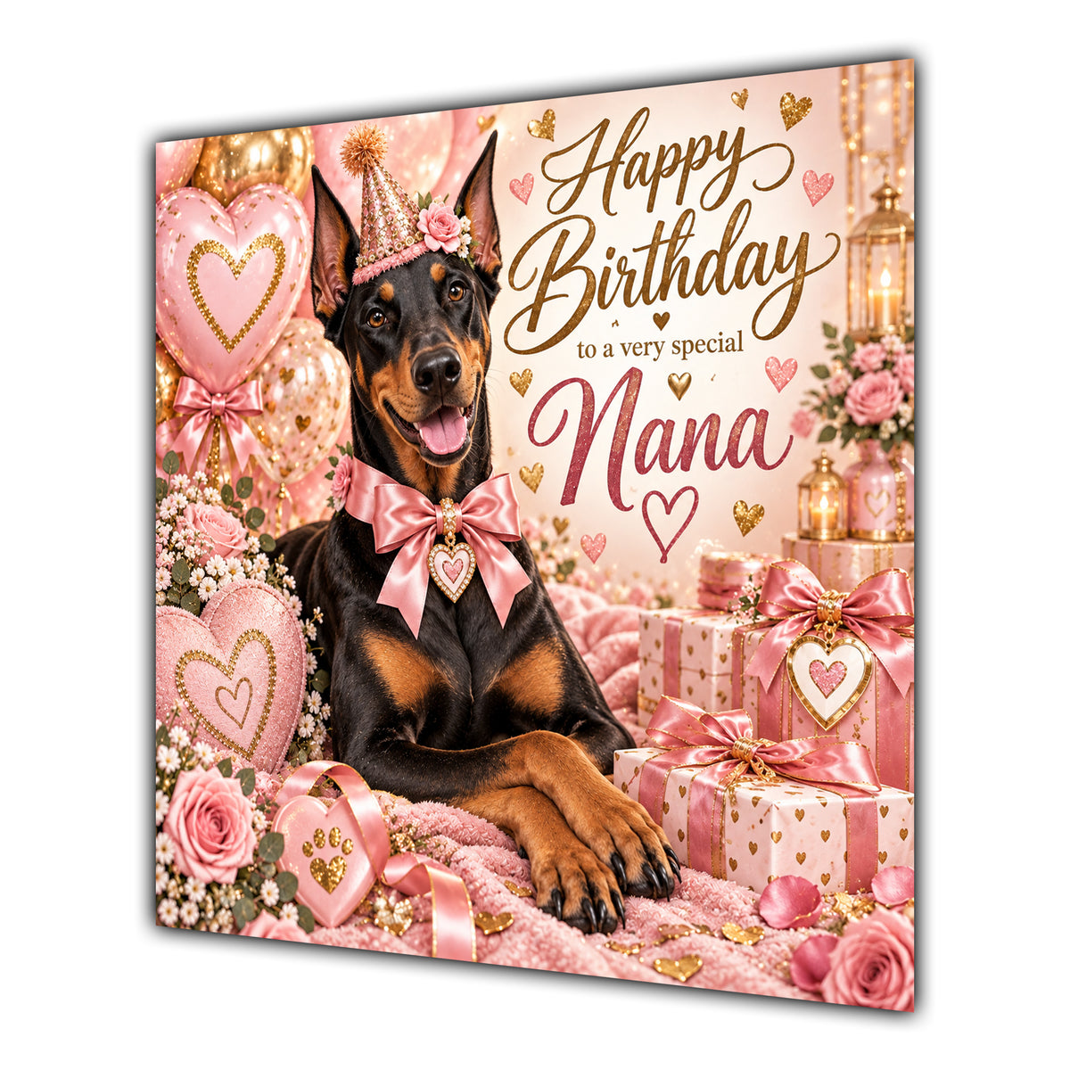 Nana Birthday Card Dobermann Dog Pink Balloons