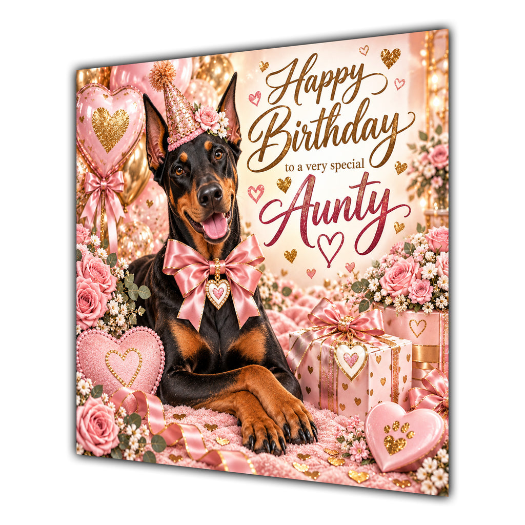 Aunty Birthday Card Dobermann Dog Pink Balloons