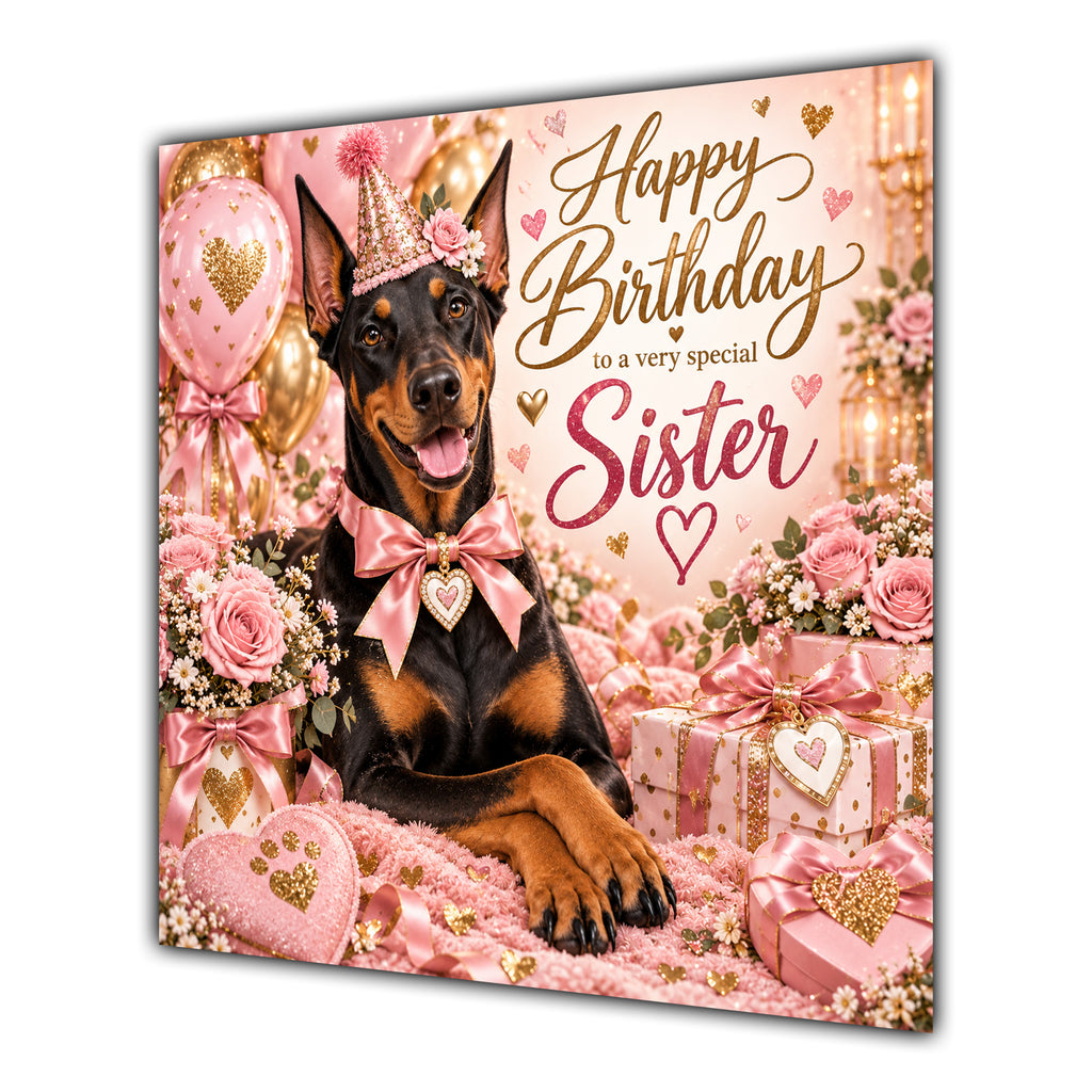 Sister Birthday Card Dobermann Dog Pink Balloons