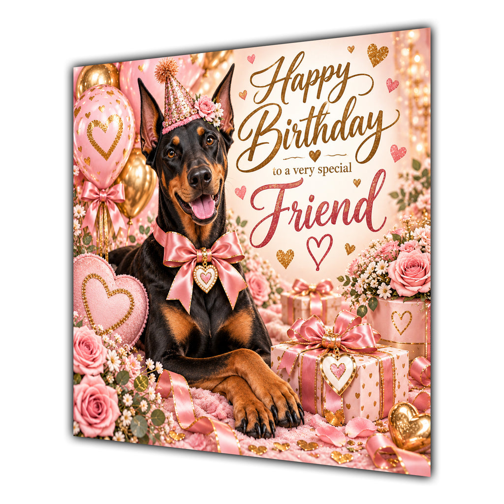 Friend Birthday Card Dobermann Dog Pink Balloons