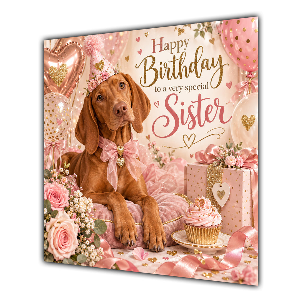 Sister Birthday Card Hungarian Vizsla Dog Balloons