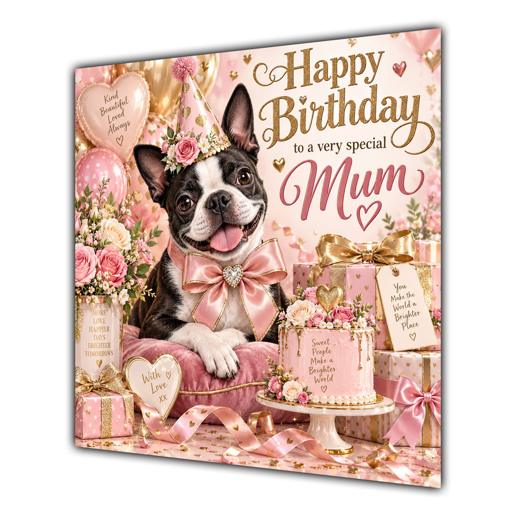 Mum Birthday Card Boston Terrier Dog Balloons