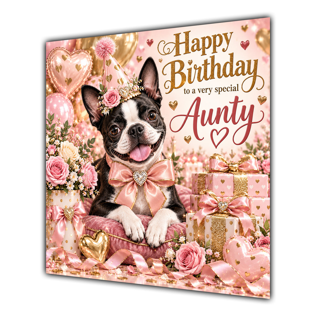 Aunty Birthday Card Boston Terrier Dog Balloons