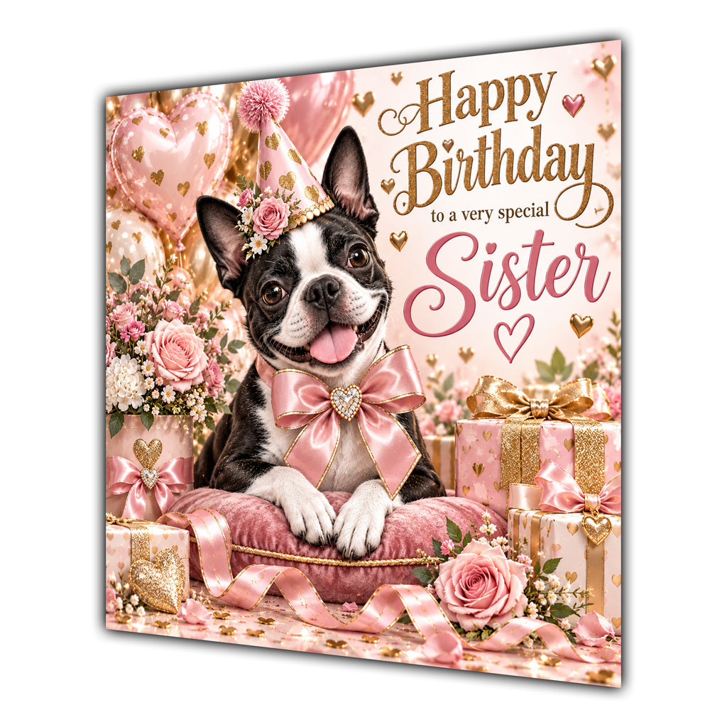 Sister Birthday Card Boston Terrier Dog Balloons