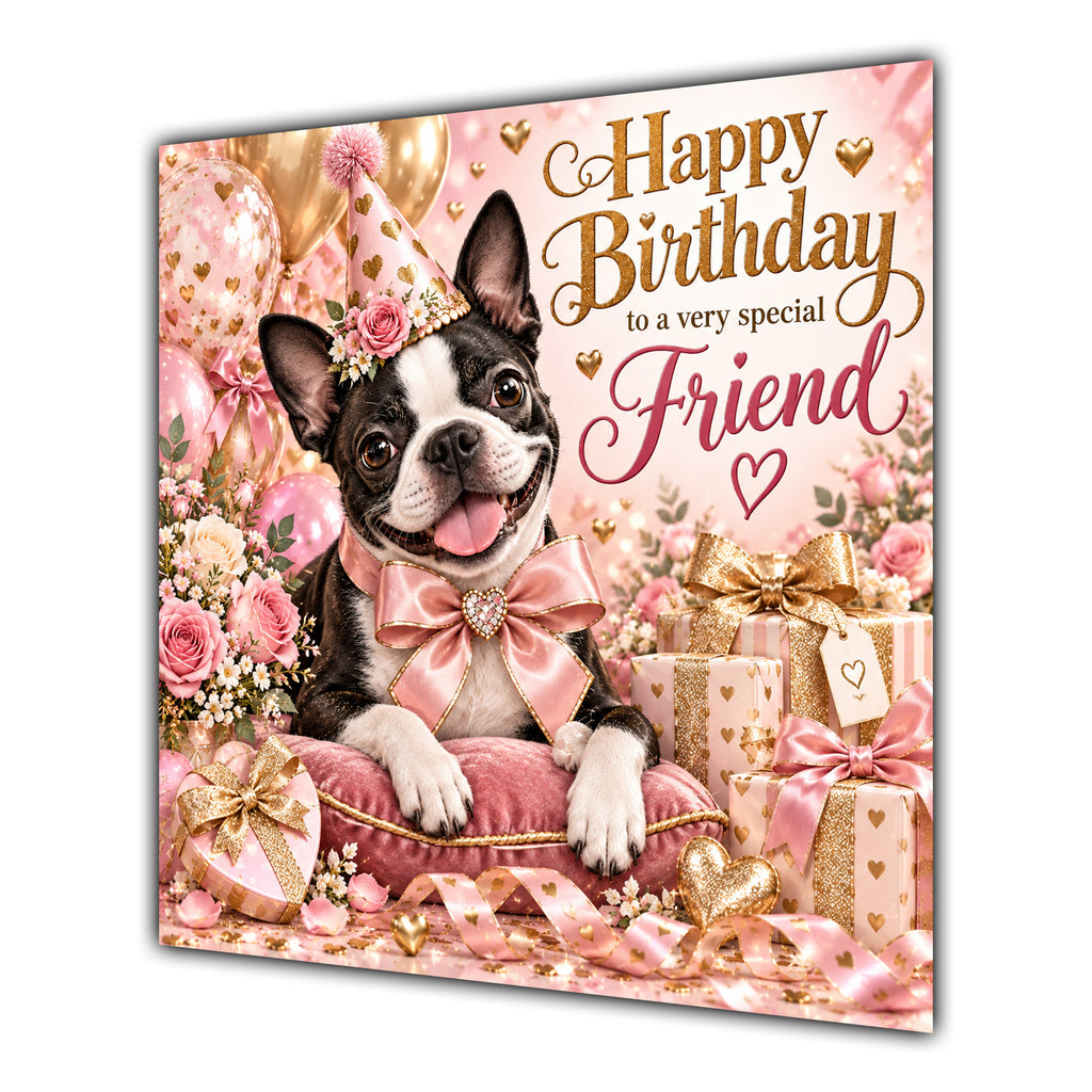 Friend Birthday Card Boston Terrier Dog Balloons