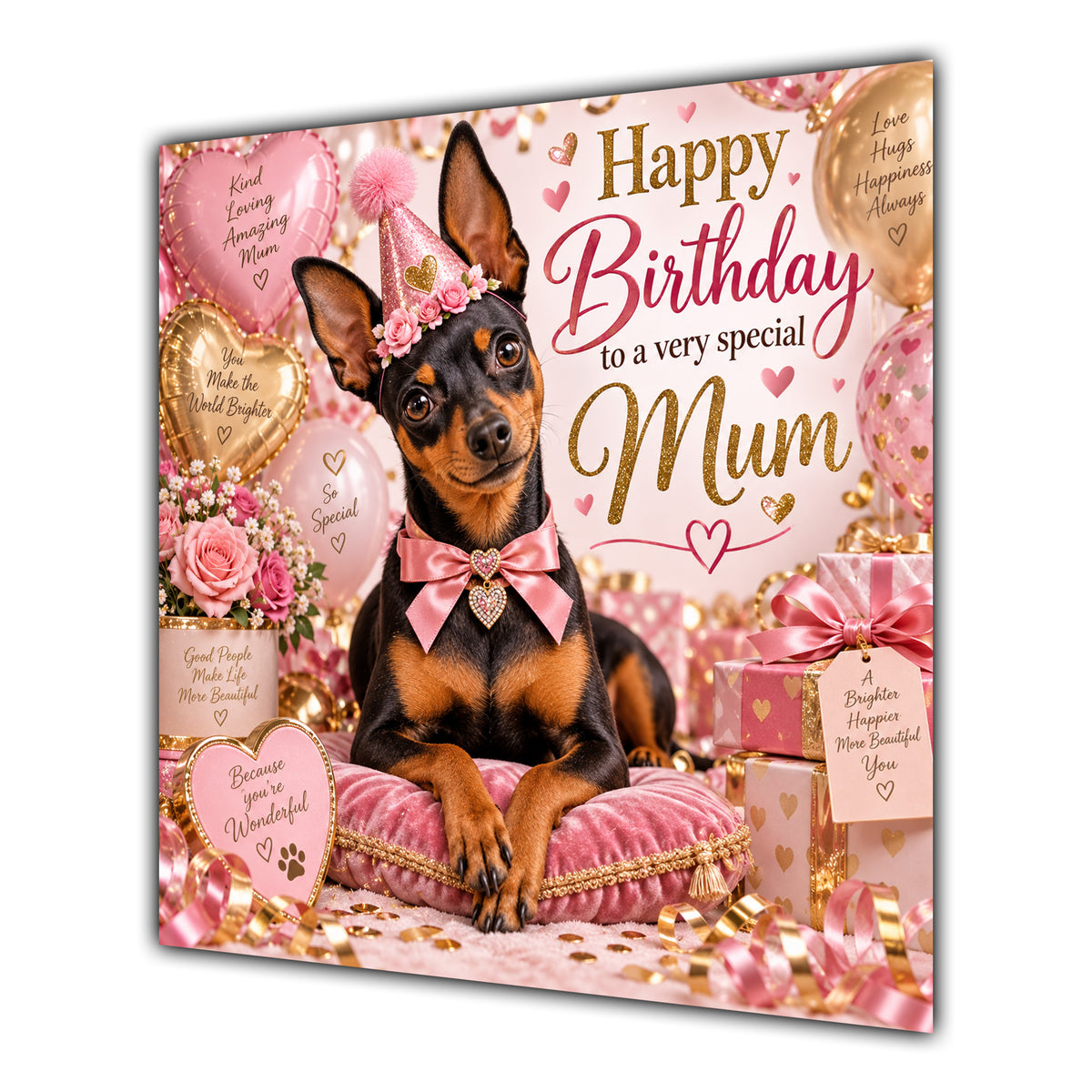 Mum Birthday Card Miniature Pinscher Dog Balloons