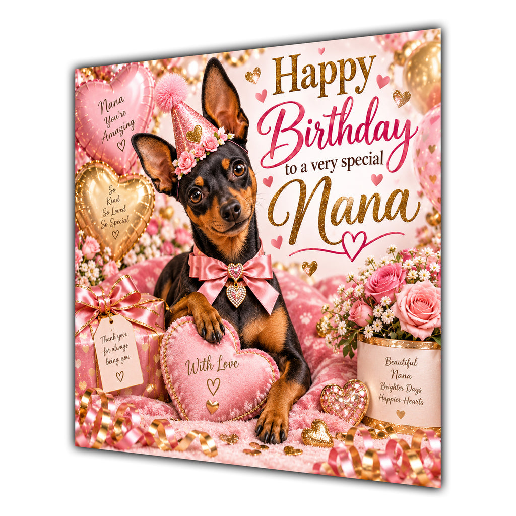 Nana Birthday Card Miniature Pinscher Dog Balloons