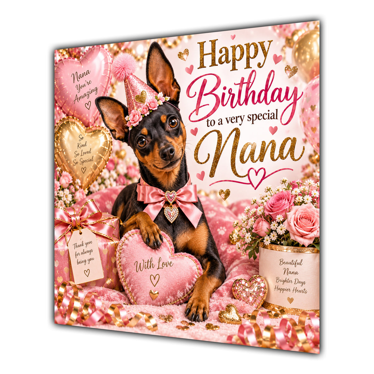 Nana Birthday Card Miniature Pinscher Dog Balloons