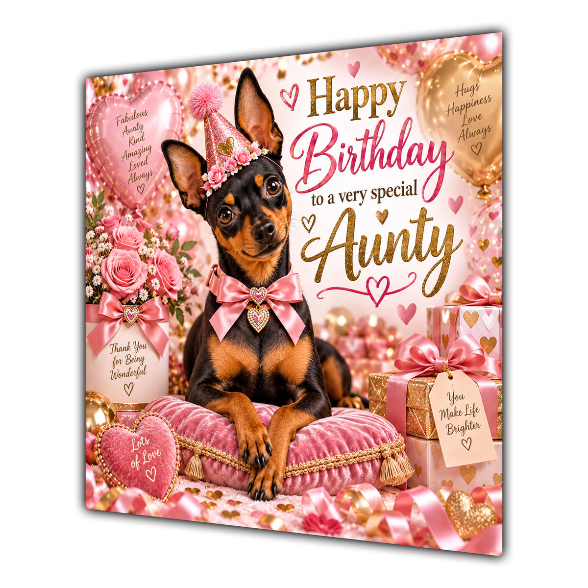 Aunty Birthday Card Miniature Pinscher Dog Balloons