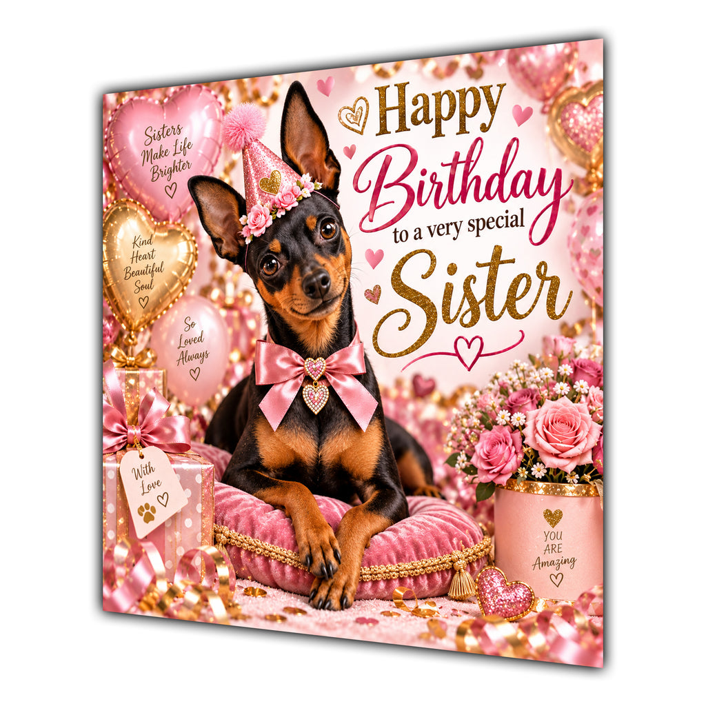 Sister Birthday Card Miniature Pinscher Dog Balloons