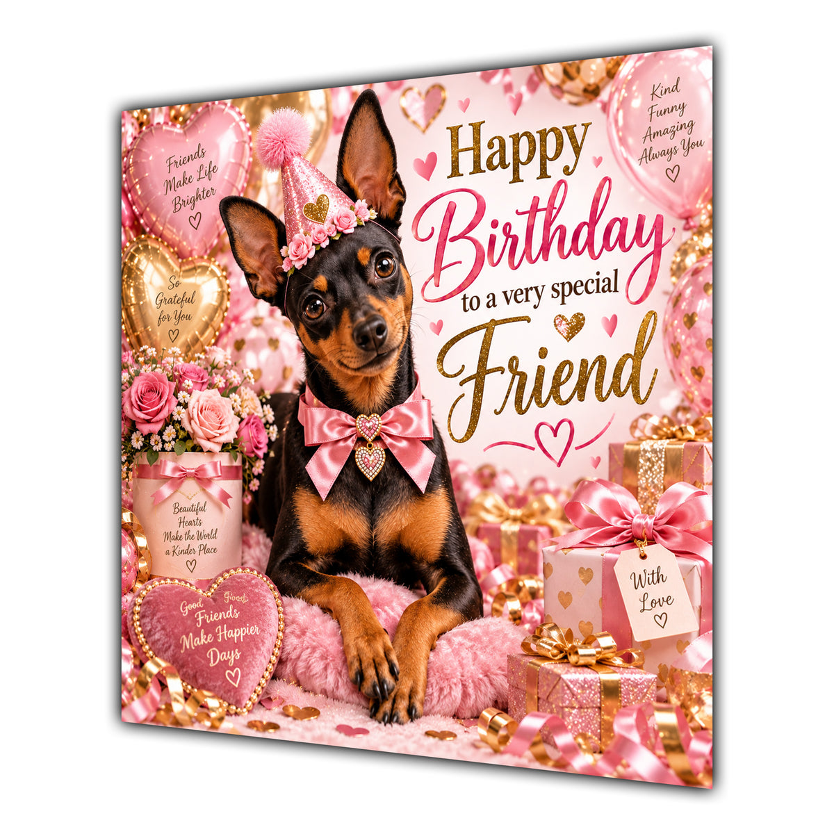Friend Birthday Card Miniature Pinscher Dog Balloons