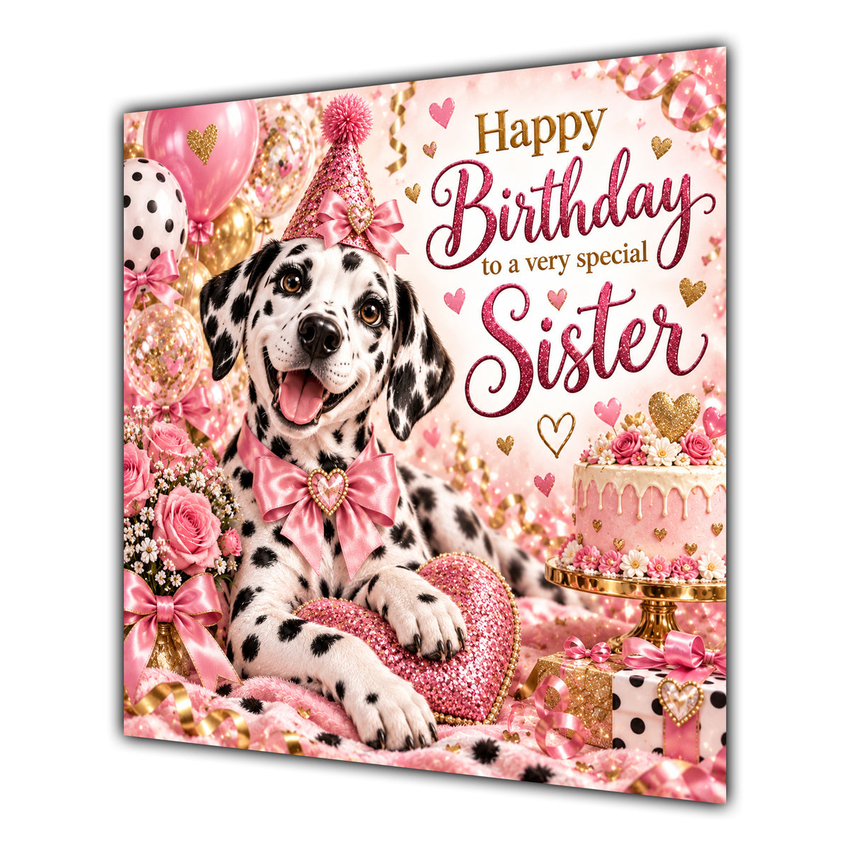 Sister Birthday Card Dalmatian Dog Pink Balloons