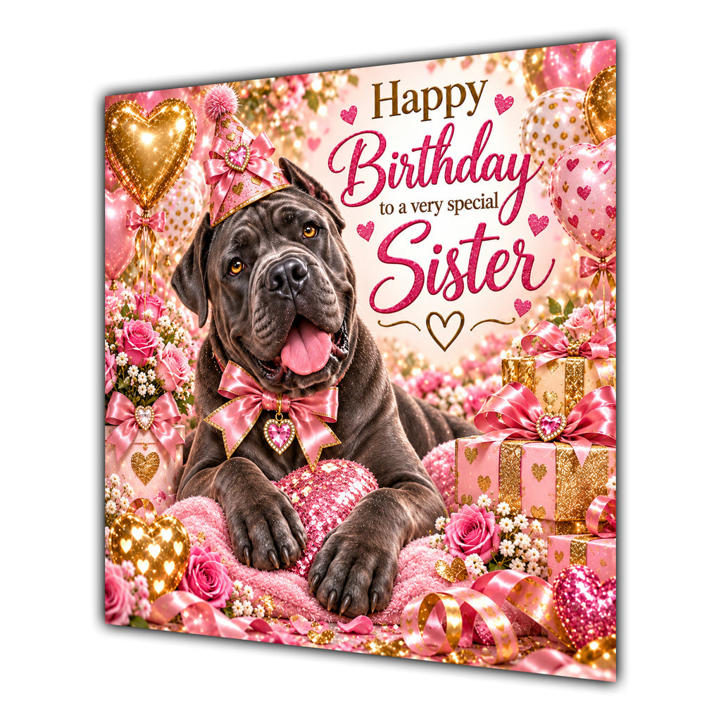 Sister Birthday Card Cane Corso Dog Pink Balloons