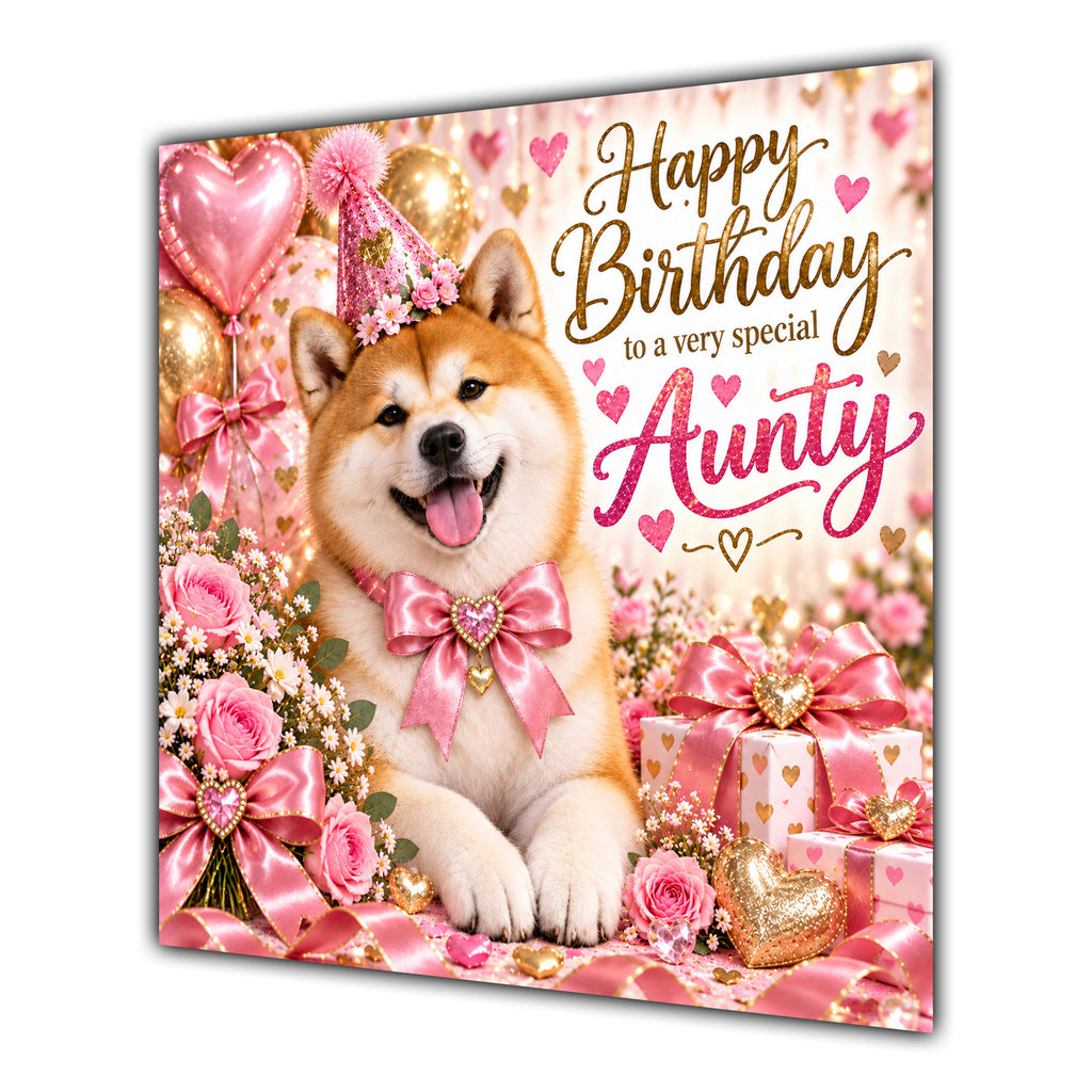 Aunty Birthday Card Akita Dog Pink Balloons