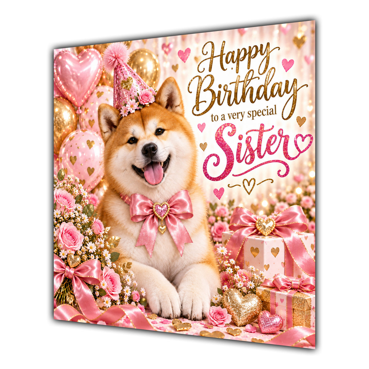 Sister Birthday Card Akita Dog Pink Balloons