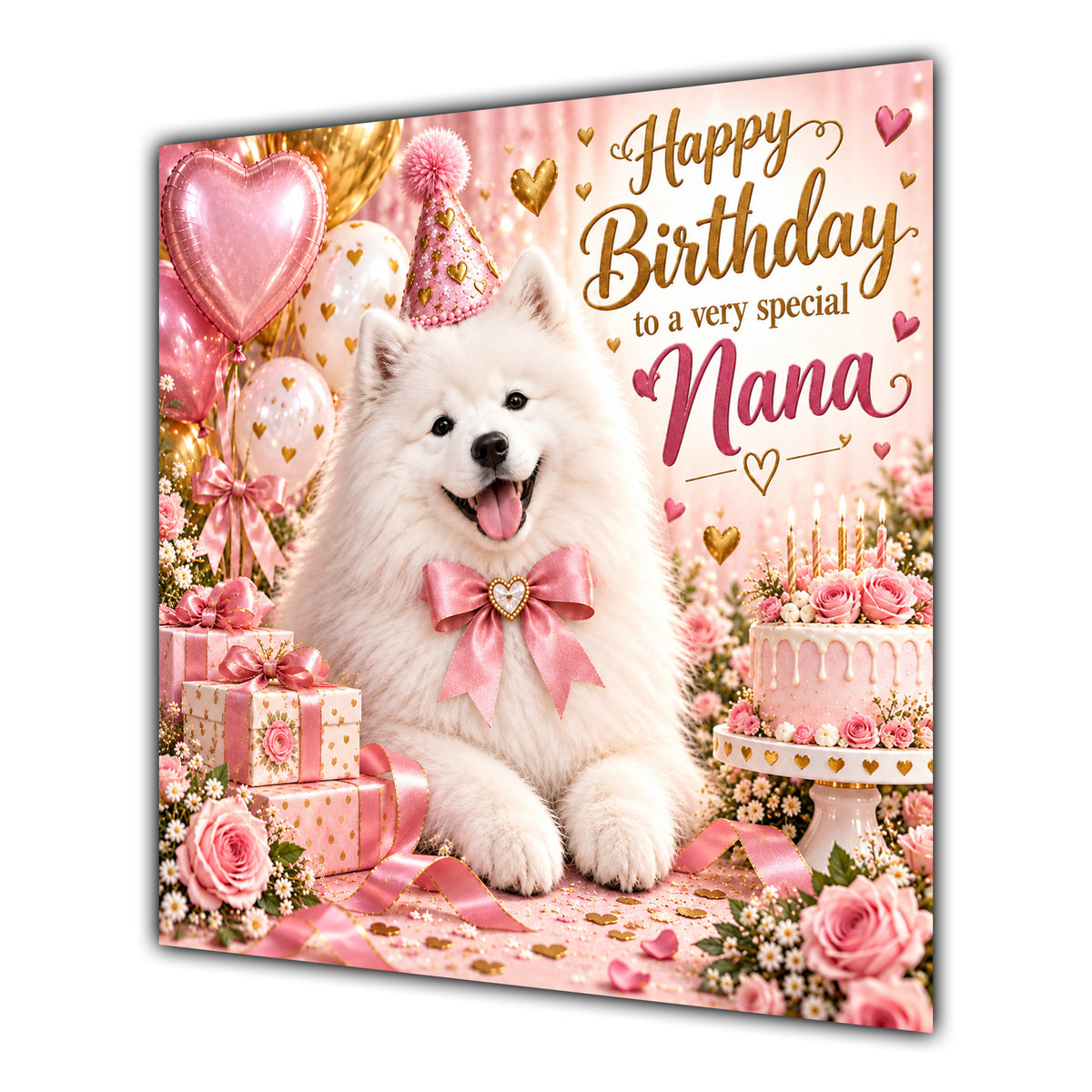 Nana Birthday Card Samoyed Dog Pink Balloons