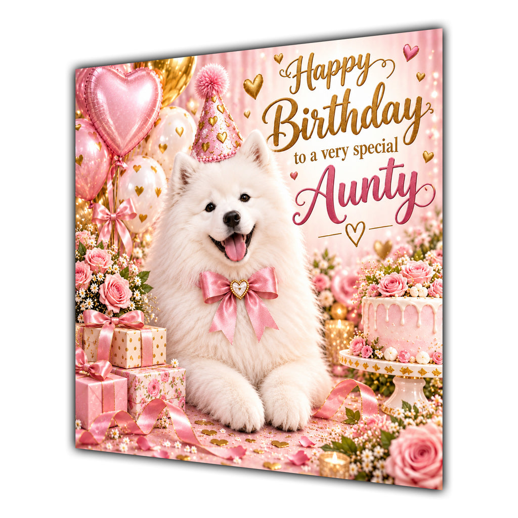 Aunty Birthday Card Samoyed Dog Pink Balloons