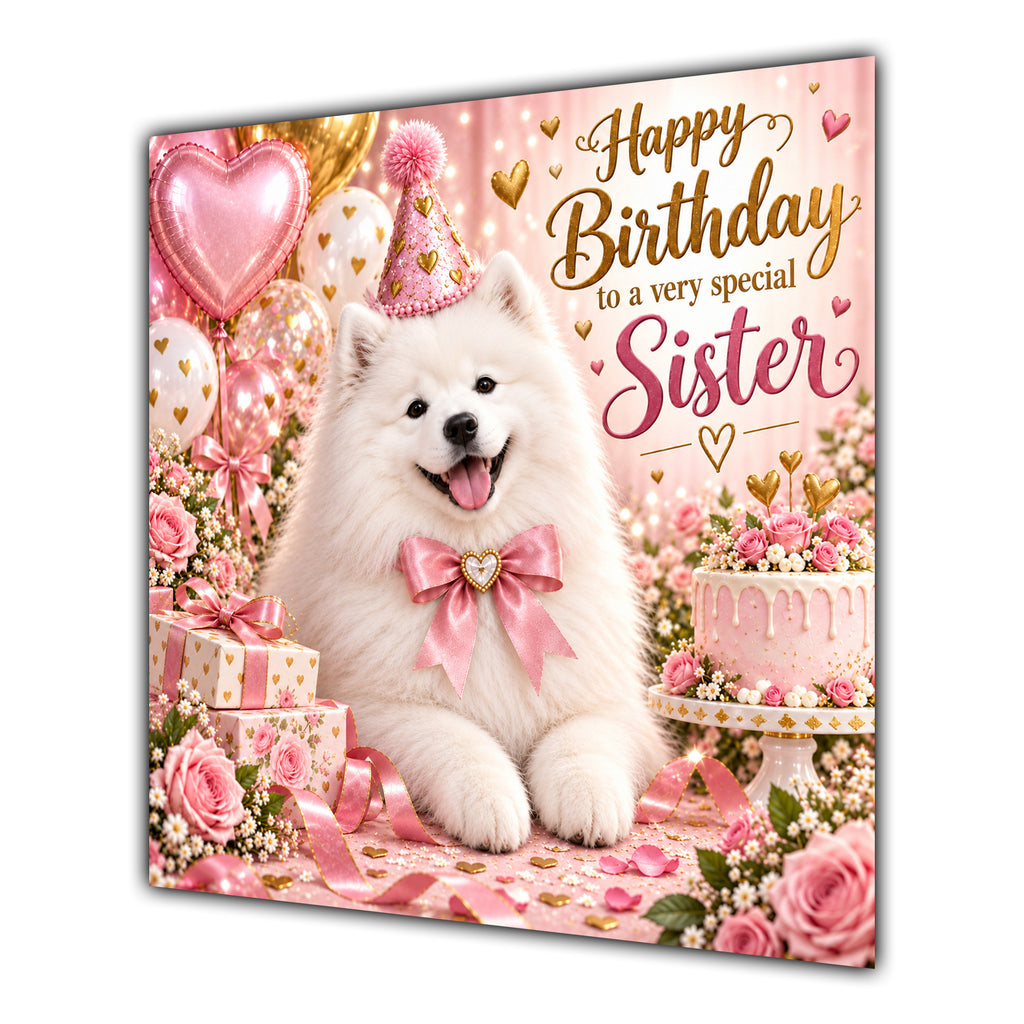 Sister Birthday Card Samoyed Dog Pink Balloons