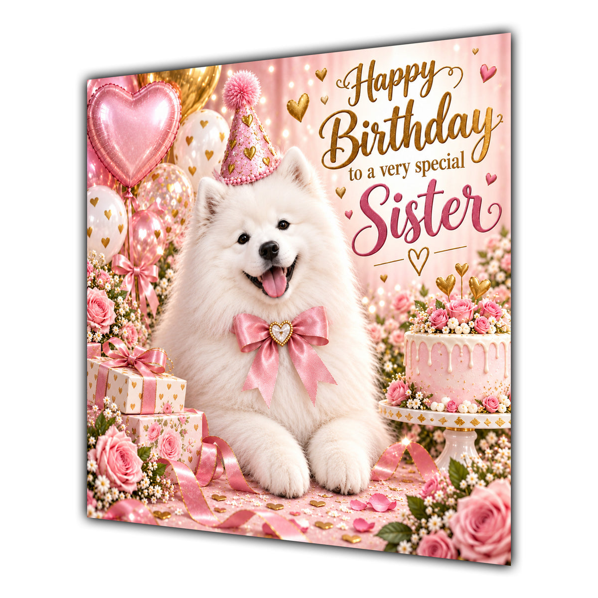 Sister Birthday Card Samoyed Dog Pink Balloons