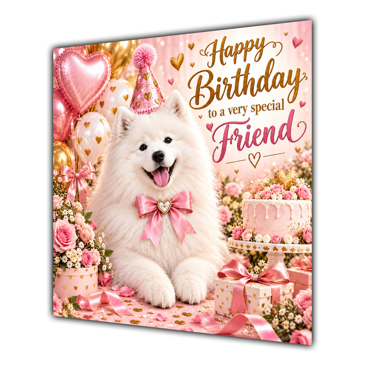 Friend Birthday Card Samoyed Dog Pink Balloons