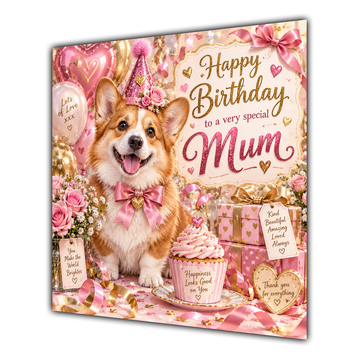 Mum Birthday Card Welsh Corgi Dog Pink Balloons