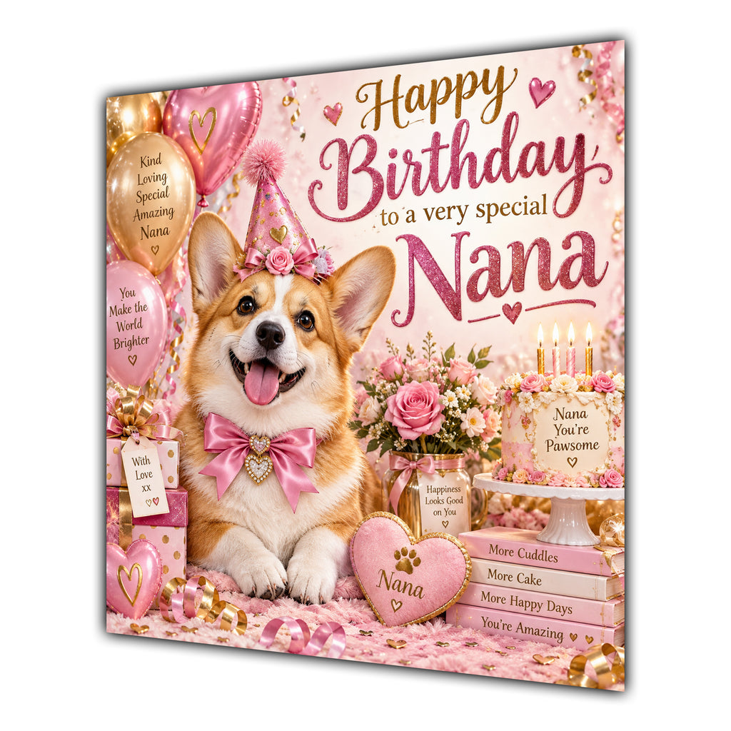 Nana Birthday Card Welsh Corgi Dog Pink Balloons