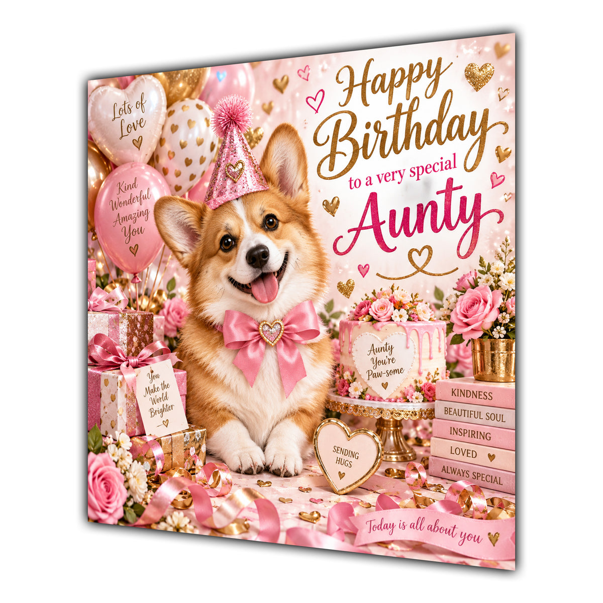 Aunty Birthday Card Welsh Corgi Dog Pink Balloons
