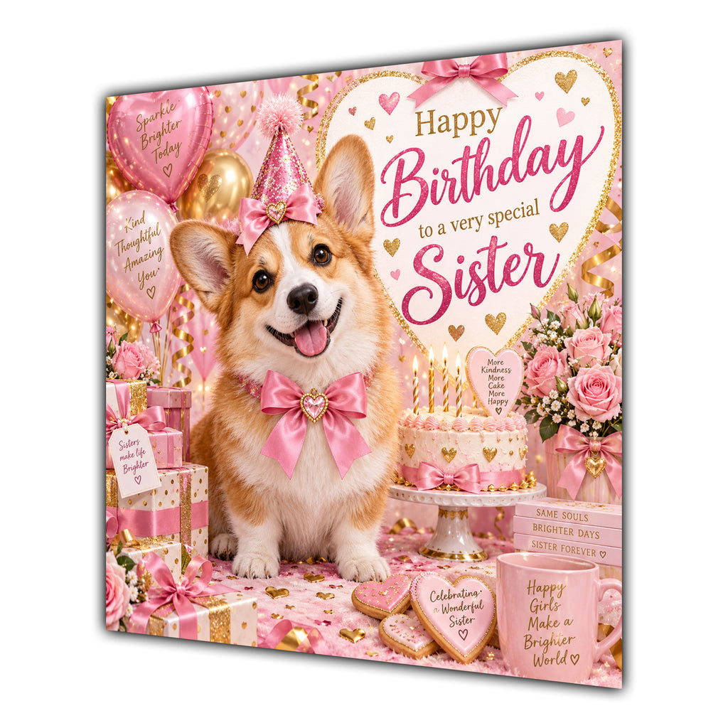 Sister Birthday Card Welsh Corgi Dog Pink Balloons