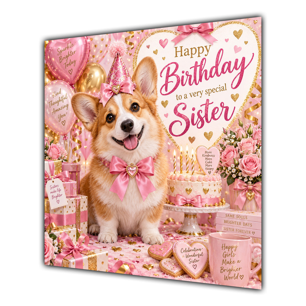 Sister Birthday Card Welsh Corgi Dog Pink Balloons