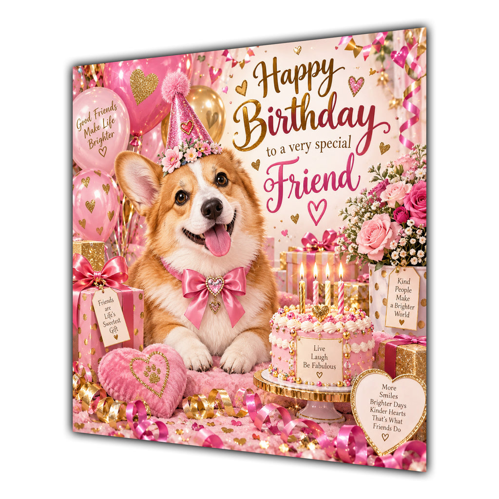 Friend Birthday Card Welsh Corgi Dog Pink Balloons