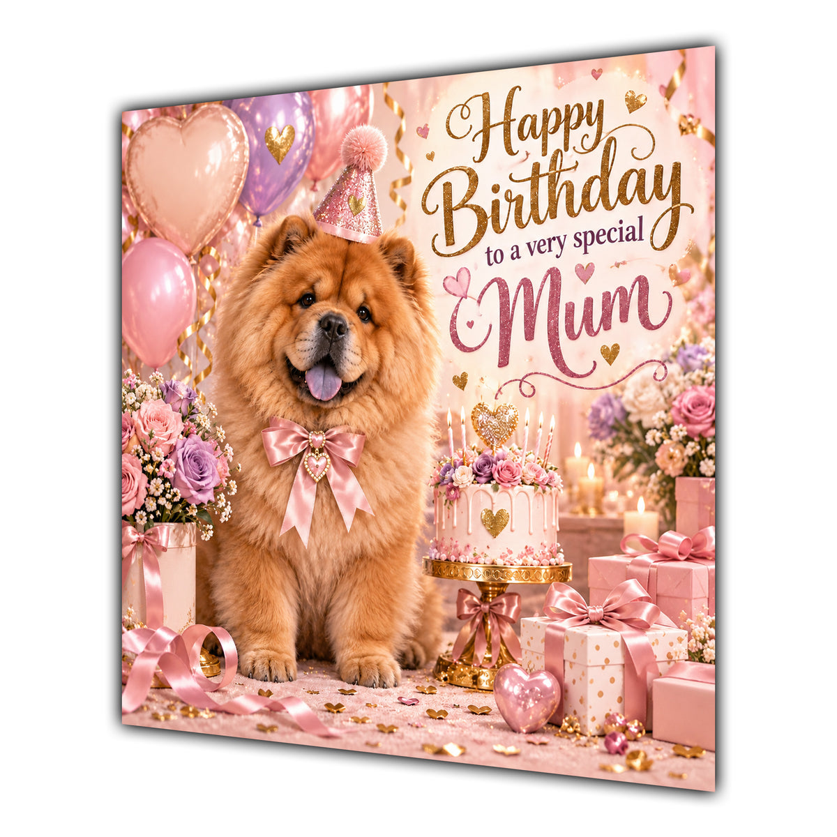 Mum Birthday Card Chow Chow Dog Pink Balloons