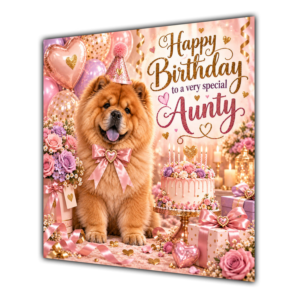 Aunty Birthday Card Chow Chow Dog Pink Balloons