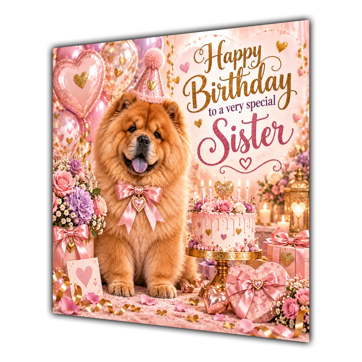 Sister Birthday Card Chow Chow Dog Pink Balloons