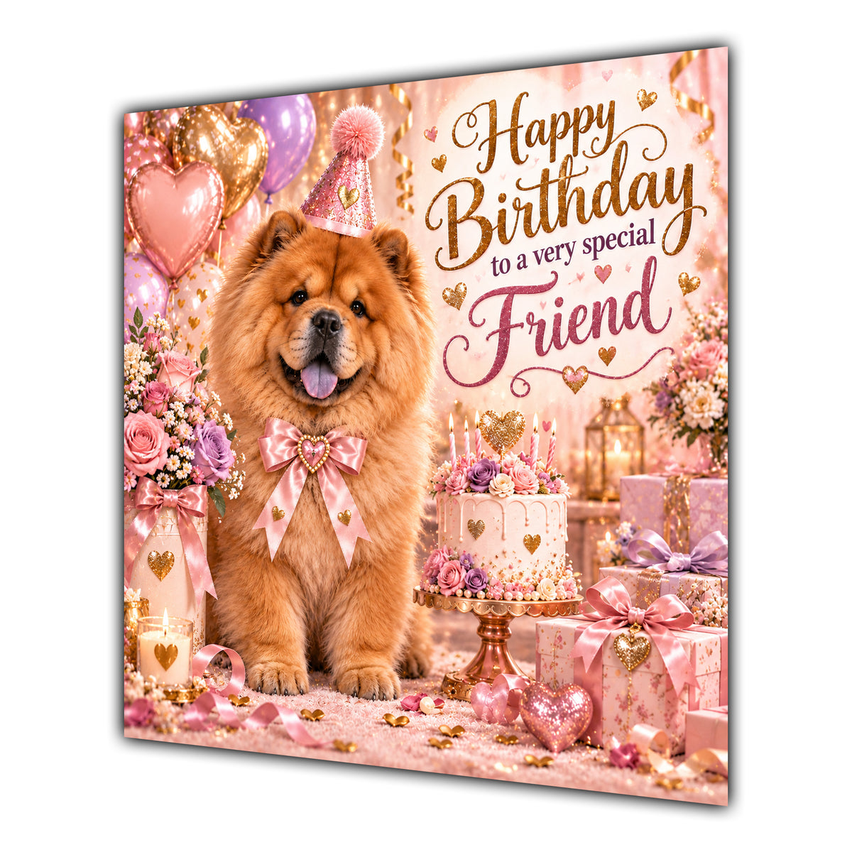 Friend Birthday Card Chow Chow Dog Pink Balloons