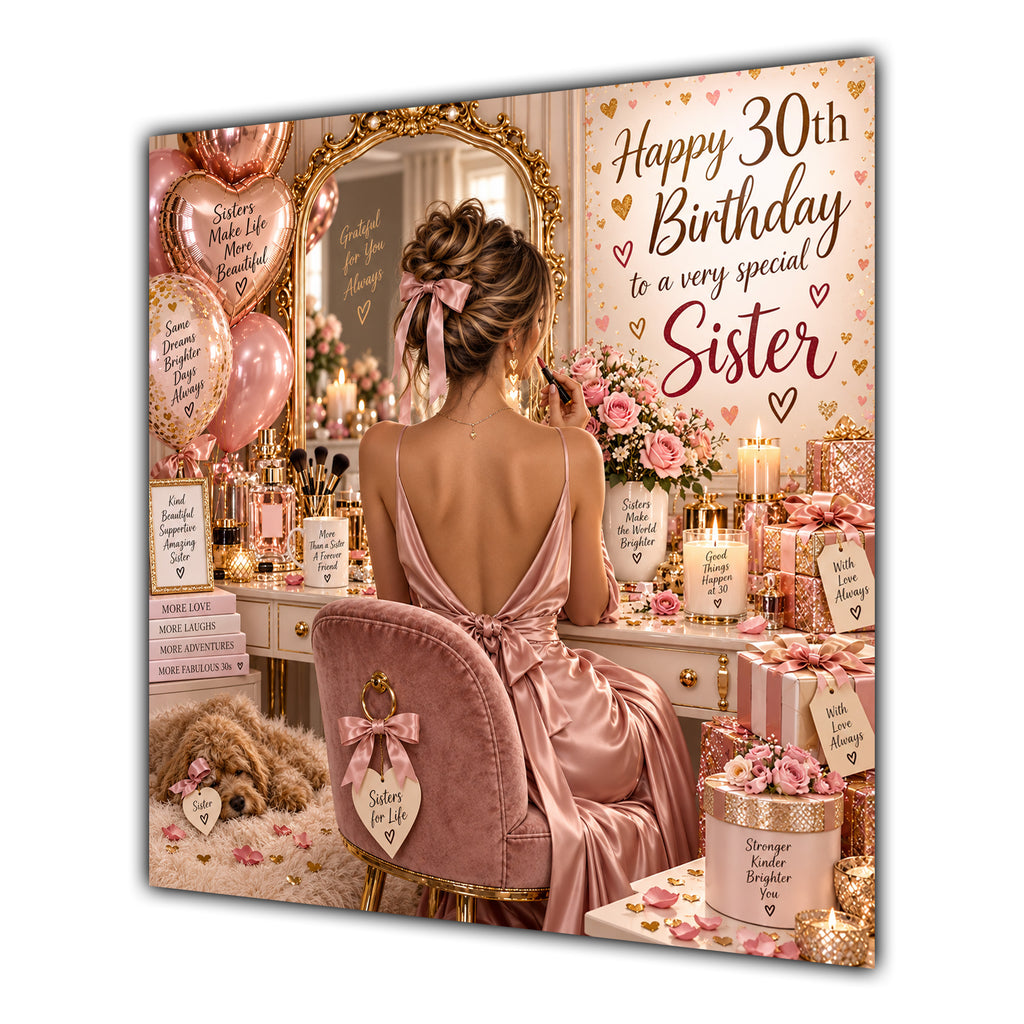 Sister 30th Birthday Card Brunette Dressing Table Pink Roses