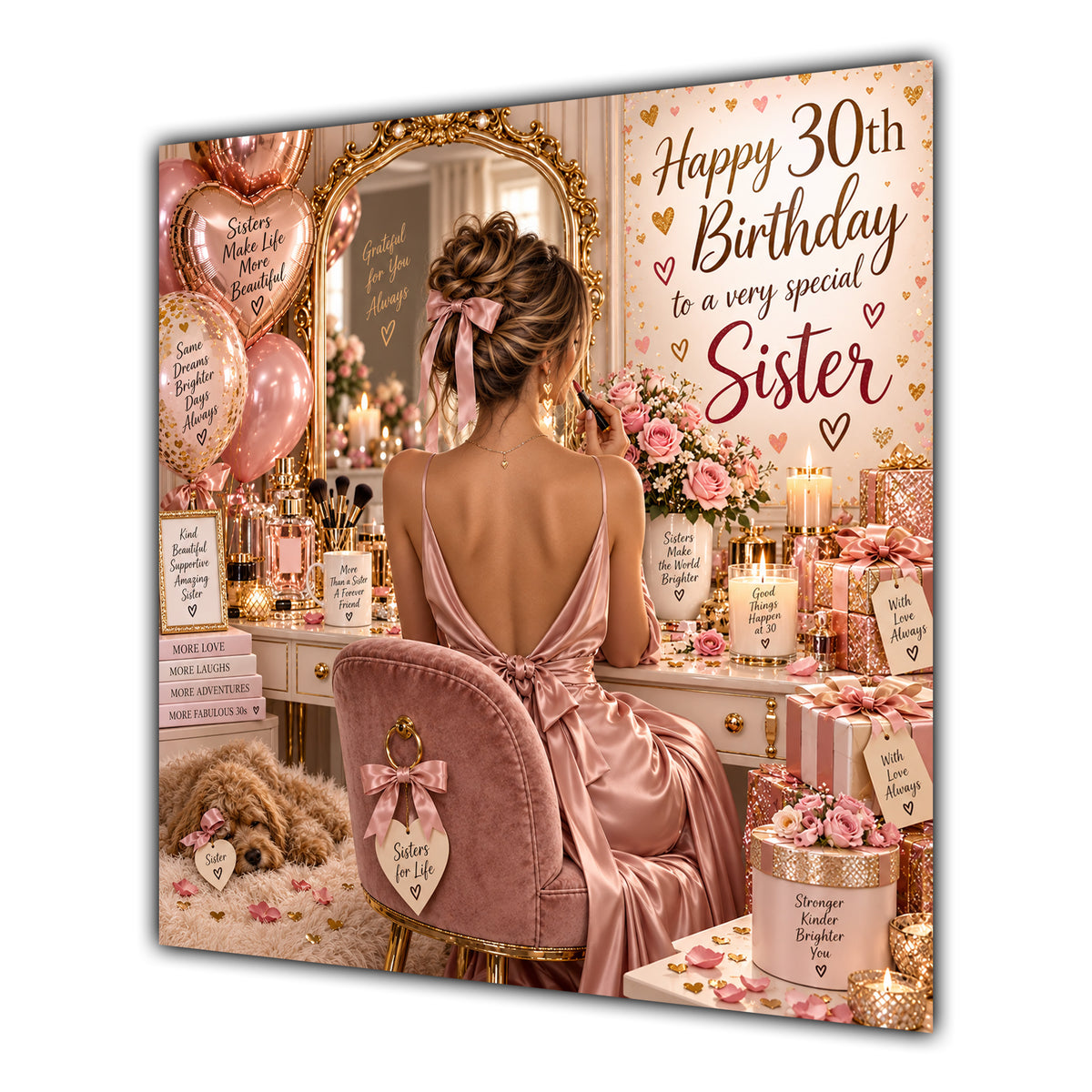 Sister 30th Birthday Card Brunette Dressing Table Pink Roses