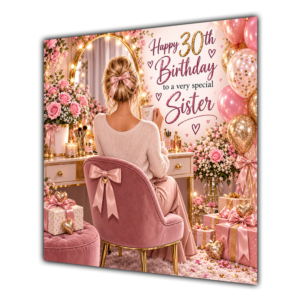 Sister 30th Birthday Card Blonde Dressing Table Pink Roses
