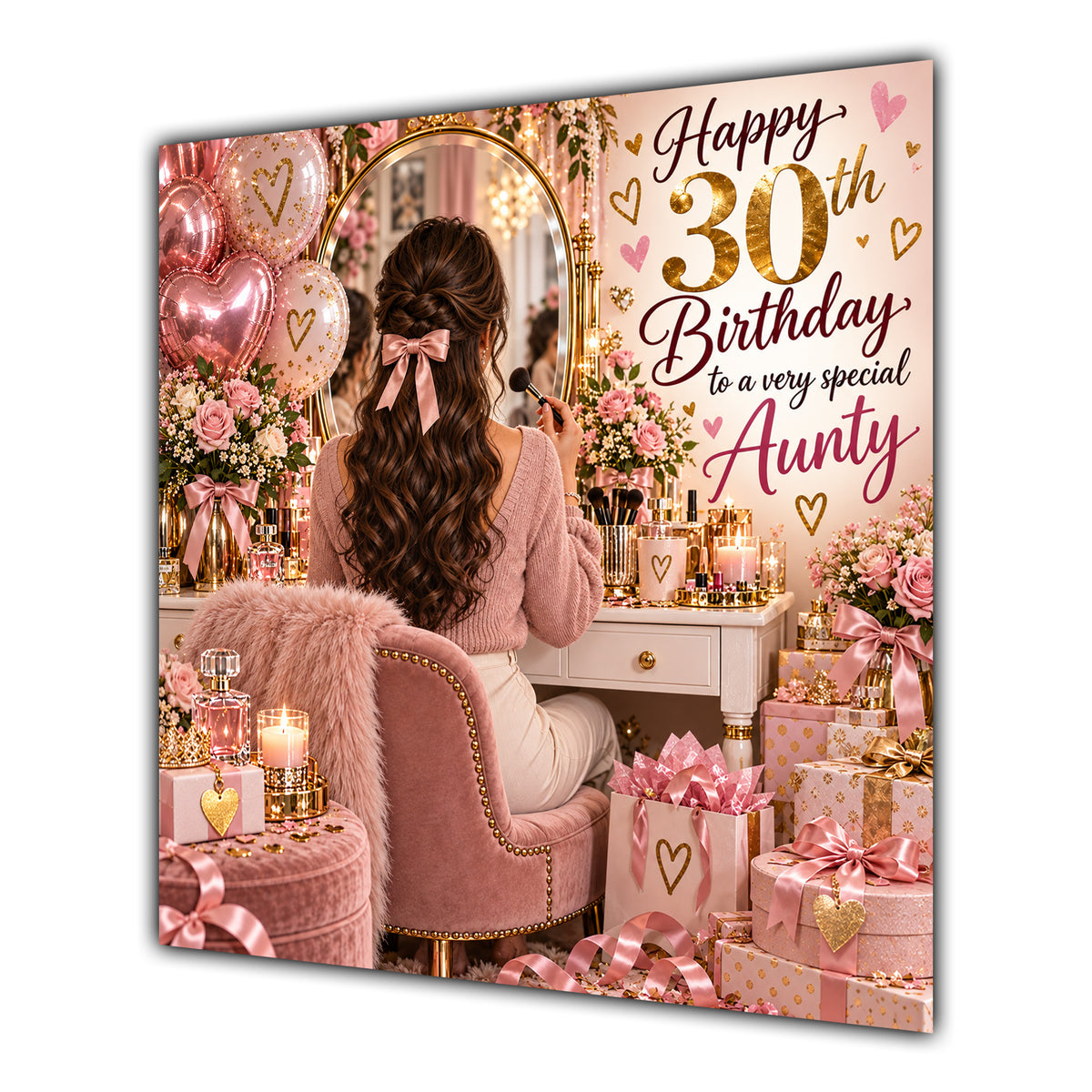 Aunty 30th Birthday Card Brunette Dressing Table Pink Roses