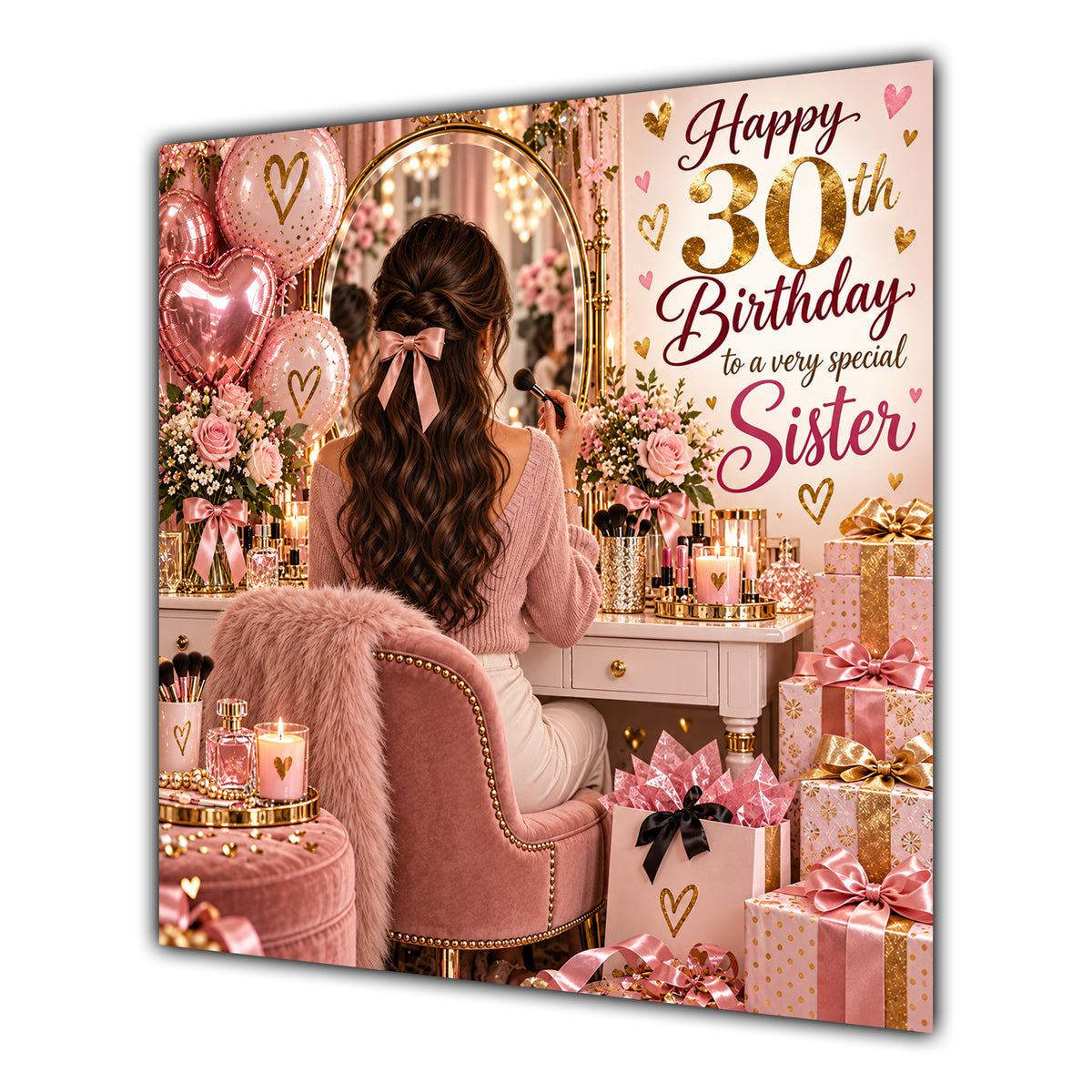 Sister 30th Birthday Card Brunette Dressing Table Pink Roses